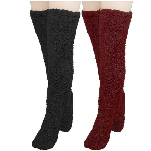 Xfvqtps Womens 2 Pairs High Fuzzy Socks Over Knee Thigh High Leg Warmers Socks Solid Color Home Sleeping Plush Slipper Black Wine