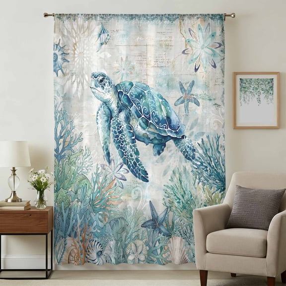 Teal Turtle Coastal Sheer Curtains 54" Long, Summer Beach Coral Nautical Ocean Light Filering Curtains, Breathable Simi Curtain Privacy Drapes for Kitchen Bathroom Nursery Small Window Treatment
