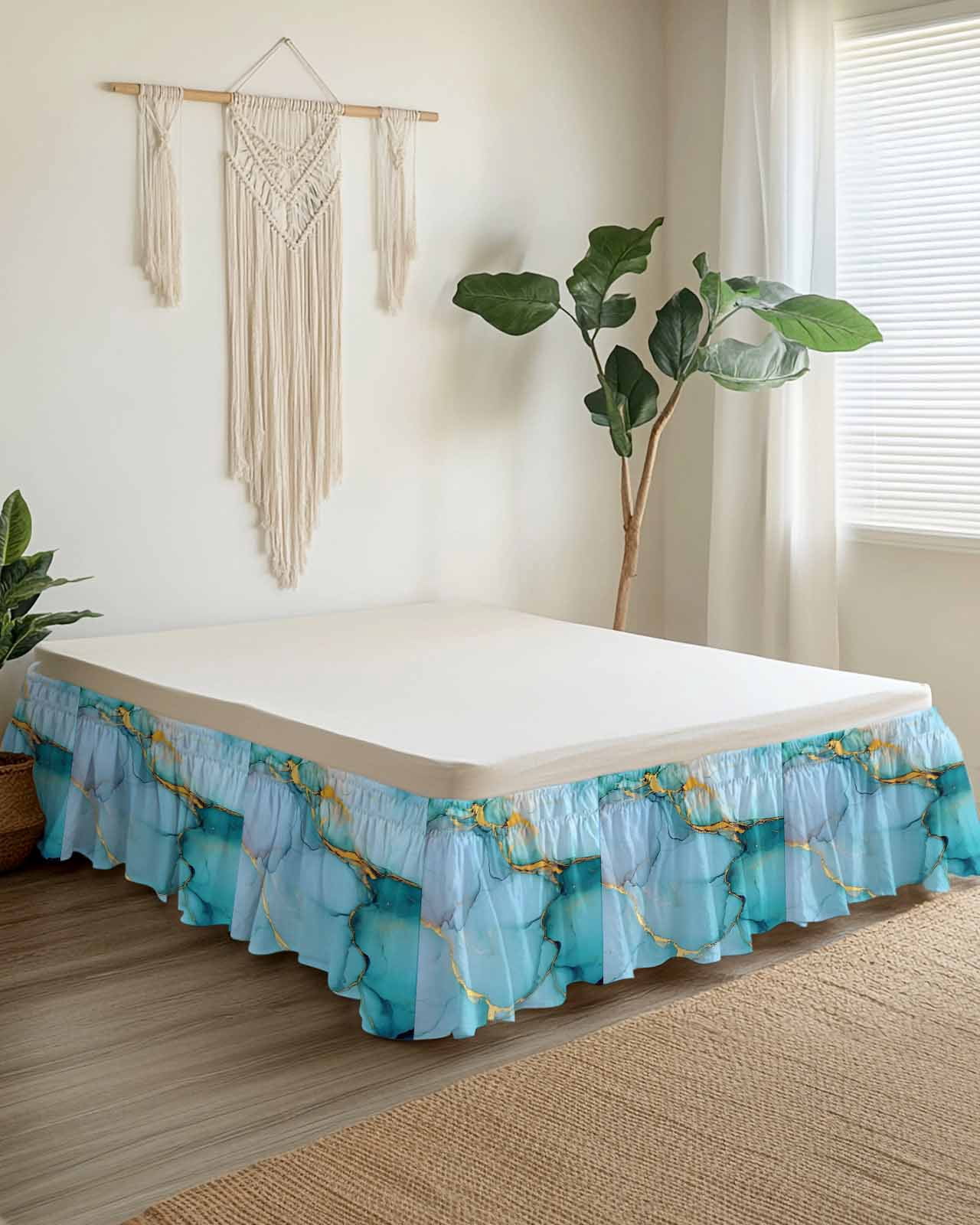 Teal Marble Wrap Around Bed Skirts for Queen Bed 16" Drop,Bed Skirt with Adjustable Elastic Belt Dust Ruffle Bed Valance for Bedroom Hotel Luxury Modern Ink Painting Luxury Modern Art Bed Frame Cover
