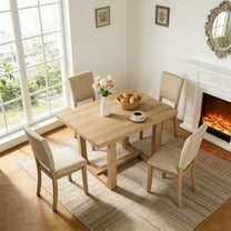 Leovanni Modern 48" 5-Piece Solid Wood Dining Table Set with 4 Upholstered Chairs, Rectangular Kitchen & Dining Room Set, Natural