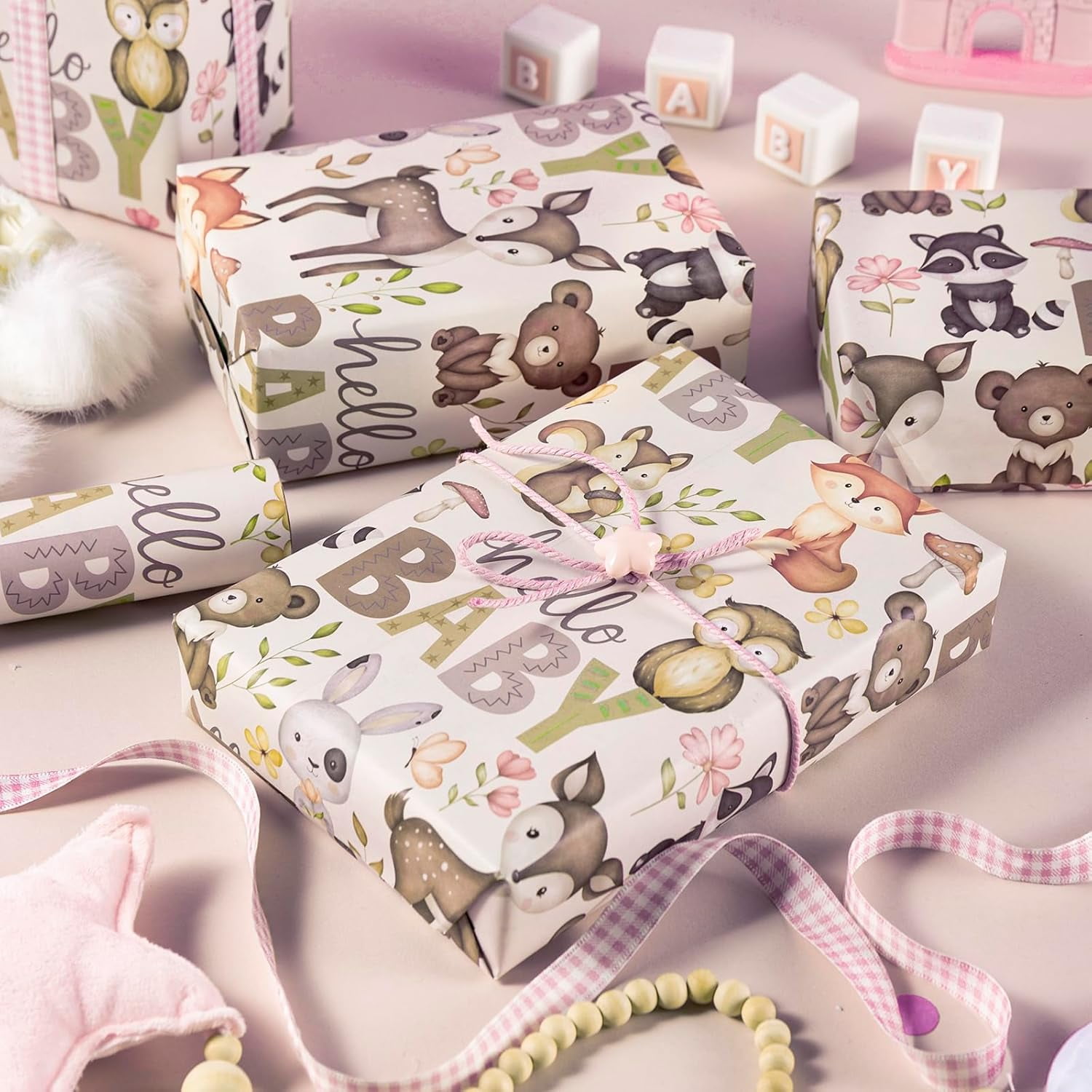 Kraft Baby Shower Wrapping Paper Roll - Mini Roll - 17 Inch x 16.5 Feet - Little Woodland Animal Wrapping Paper for Baby Shower, Kids Girls Boys Birthday