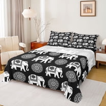 Feelyou Hippie Black Elephant Full Size Sheets, Tribal Damask Flower Bed Sheets, Teens Kids Boys Girls Sheet Sets, Luxury Bedroom Decor, 4-Piece
