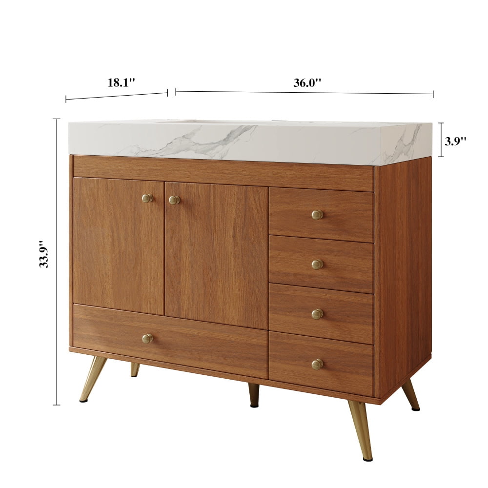 FFZ 36" Freestanding Bathroom Vanity with Faux Marble Top, Ceramic Sink, 5 Drawers & Stainless Steel Legs,4 Colors For Bathromm and Living Room