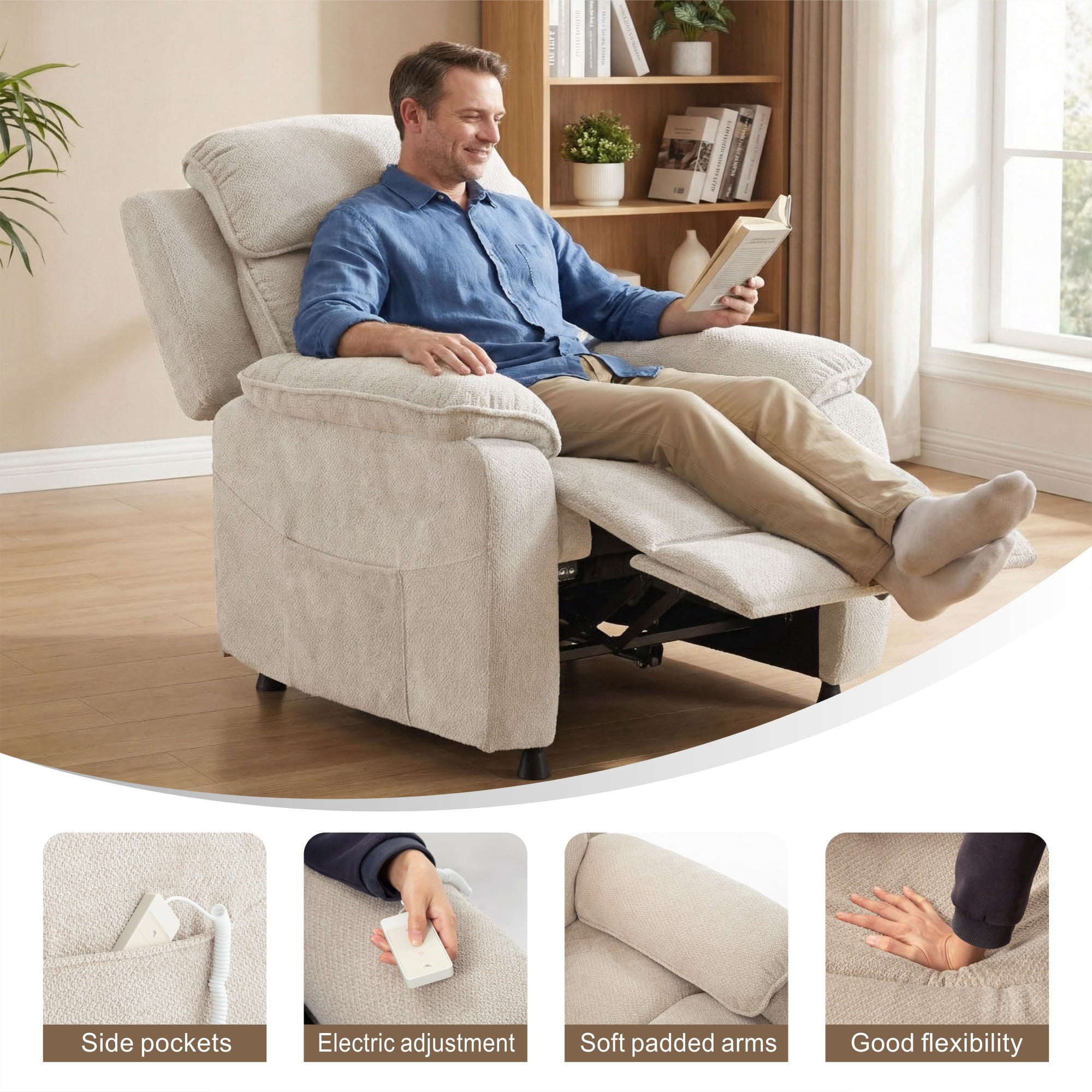 Gewnee Light Khaki 34.84" Power Recliner, Solid Wood Frame Chenille Upholstery, for Home Office Living Room