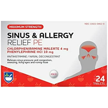 Rite Aid Sinus & Allergy Relief PE Tablets, Maximum Strength- 24 Count , Antihistamine and Nasal Decongestant , 4 Hour Allergy Medication , Allergy and Congestion Relief