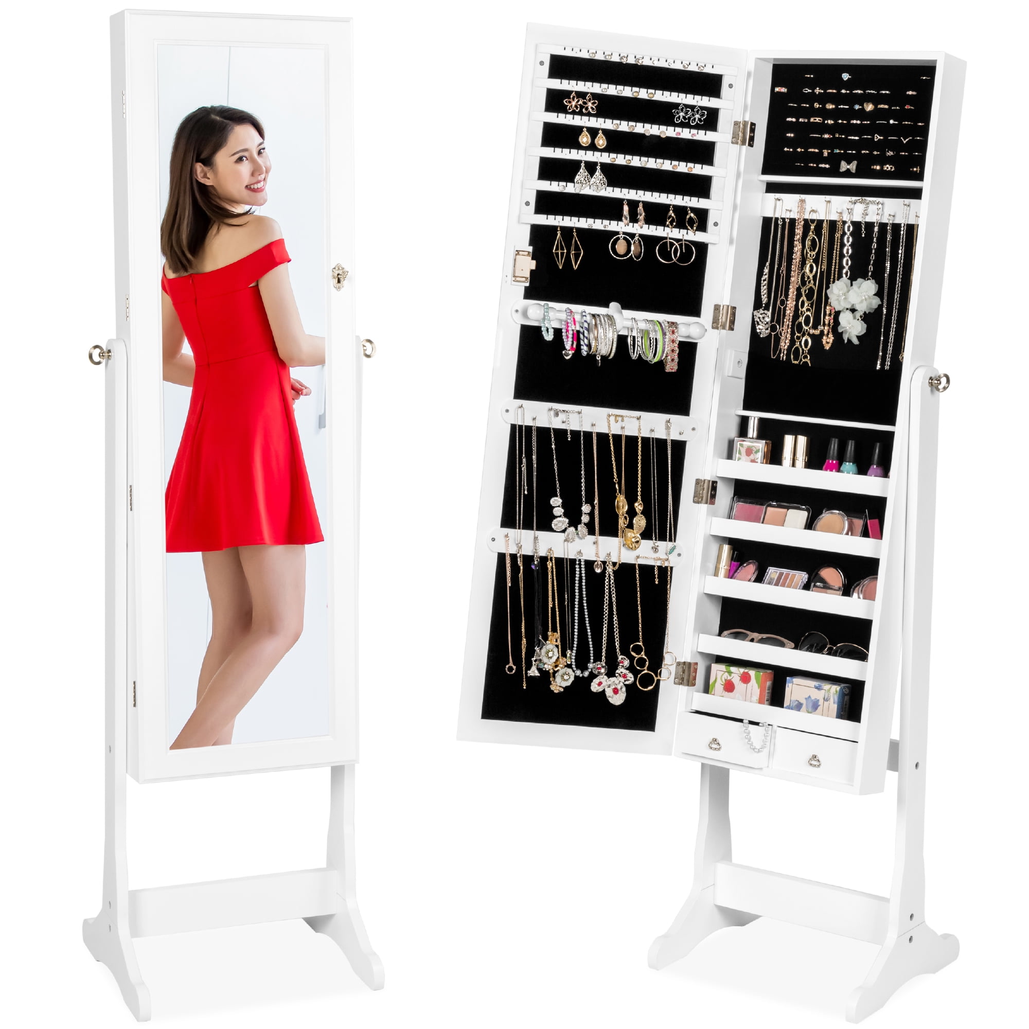 Nikita White Standing Full-Length Mirror Jewellery Cabinet with Internal LED Lights 6 Drawers