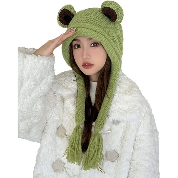 Frog Hats Adult Cute Beanie Crochet Knitted Hat Big Eye Frog Winter Ear Warmer Protective Beanie Hats Caps Outdoors Autumn
