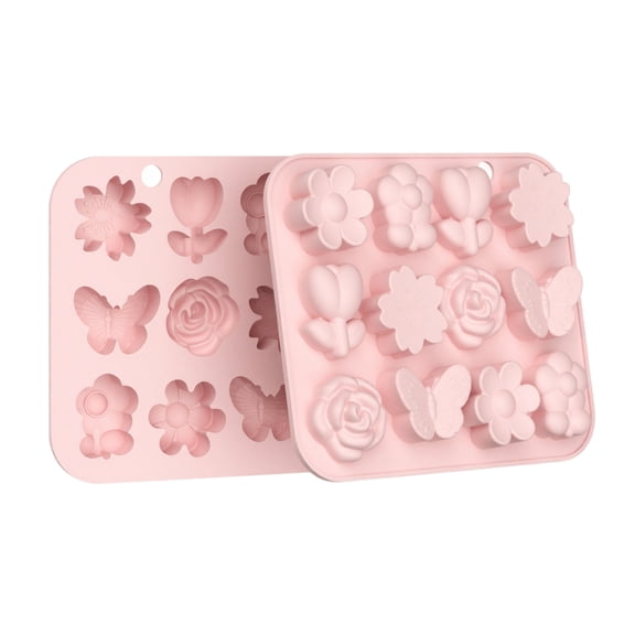 12-Cavity Bloom and Butterfly Silicone Mold, Floral Shape Chocolate Fondant Cake Baking Tray, Non-Stick DIY Home Baking Craft Accessory