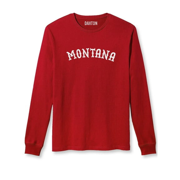 Daxton Retro Montana Arch Font Long Sleeves T Shirt Soft Medium Weight Cotton, Red Tee White Font, L