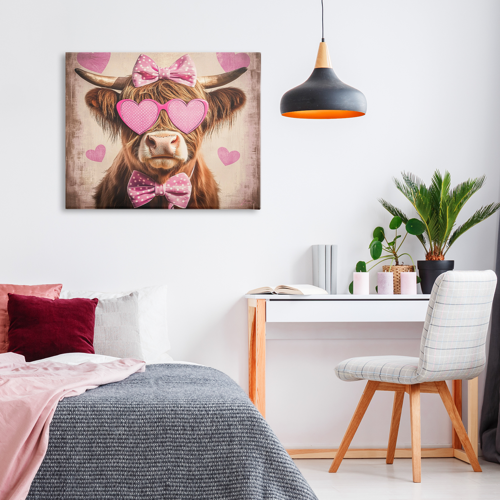 Cute Cattle Pink Hearts Canvas Wall Art, design by Shawna Stewart