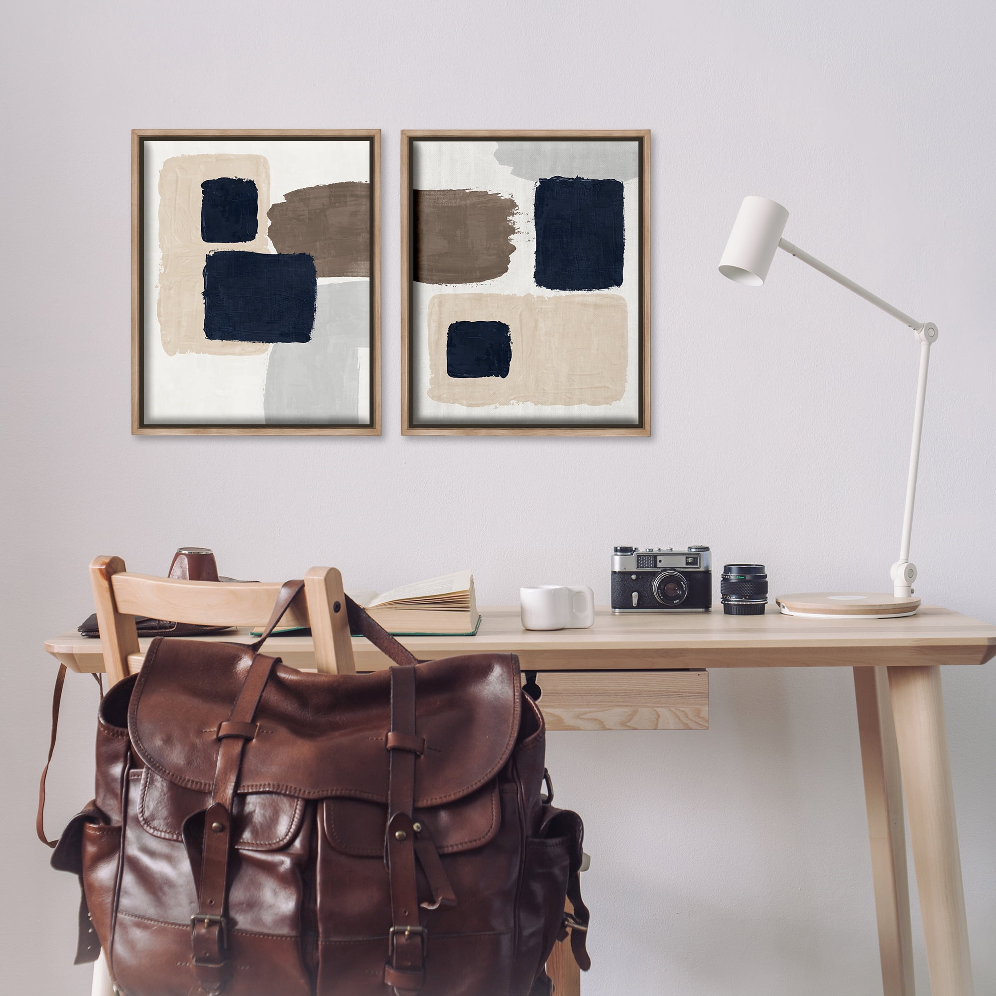 Stupell Industries Navy Brown Blocked Abstract Painting Brown Floater Framed Canvas Art Print Wall Art, 17 x 21, Set of 2