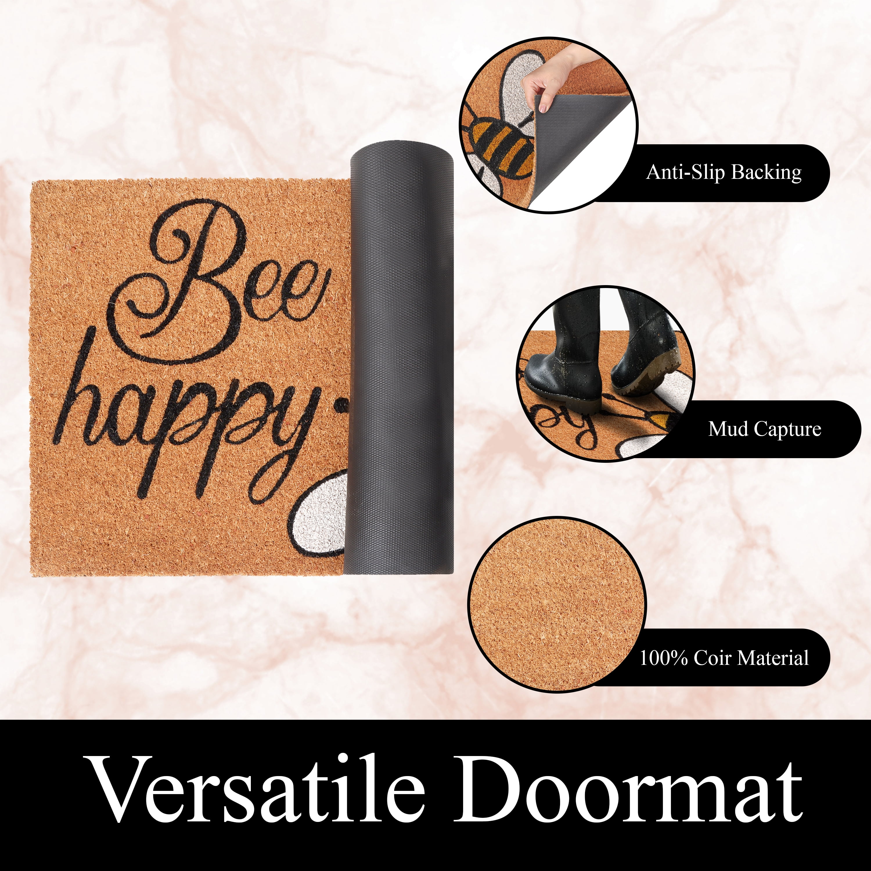 A1HC Natural Coco Coir Doormat, Bee Happy, 18"x30", Durable Outdoor Welcome Mat, Non-Slip, Easy to Clean, Pet Friendly