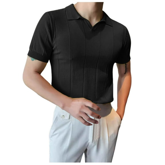 JTieacloth Mens Collar Shirt Men's Summer Fashion Casual Short Sleeved Tops Solid Color Cardigan Tight Shirt Men's Clothing Black L