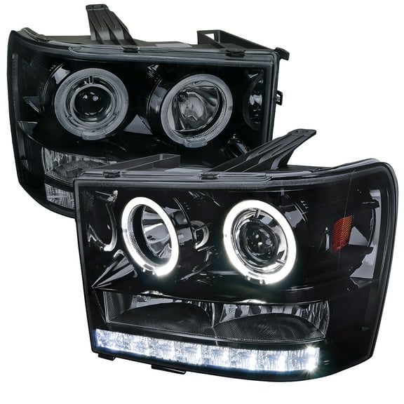 Dual Halo Projector Headlights (Black Housing/Smoke Lens) Made for and Compatible with 2007-2014 GMC Sierra