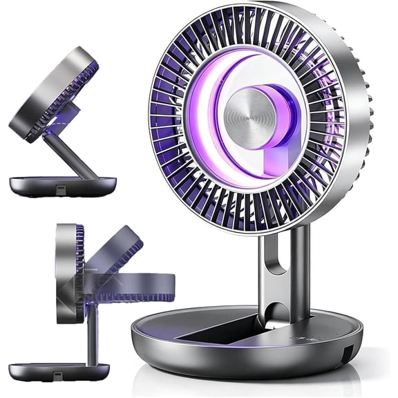 3-in-1 USB Desk Fan with Colorful LED Light, Portable Rechargeable Collapsible Fan, 5-Speed Quiet Magnetic Motor for Office Dorm Travel (Black)