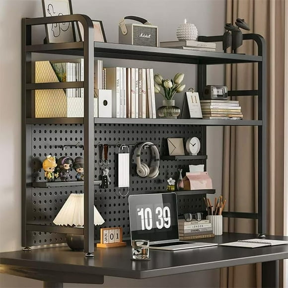 THIKK 3 Tier Metal Hutch Bookcase Organizer, Sturdy Desktop Bookshelf for Office Desk, Countertop Hutch Display Shelf for Home Dorm Computer Desk (Color : Black, Size : 95cm)
