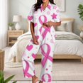 thumbnail image 2 of Women Pink Ribbon Breast Cancer Awareness 2 Piece Pajama Set Notch Collar Button Down Short Sleeve Top Long Pants with Pockets Breathable Relaxed Fit Casual Home Sleep Loungewear Beige L, 2 of 5