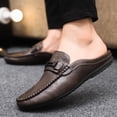 thumbnail image 4 of Men's Black Smooth Leather Backless Mule Loafers, Metal Buckle Slip On Flat Driving Slides, 4 of 4