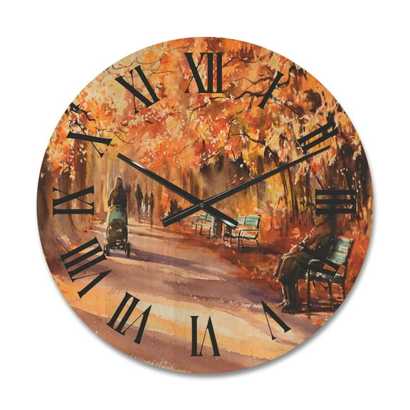 Designart 'Path In The Park In Sunny Autumn Day' Country Wood Wall Clock