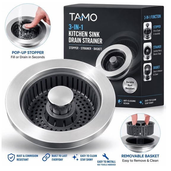 TAMO 3in1 Kitchen Sink Drain Strainer with Anti-Clogging Basket, Stainless Steel Drain Stoppers