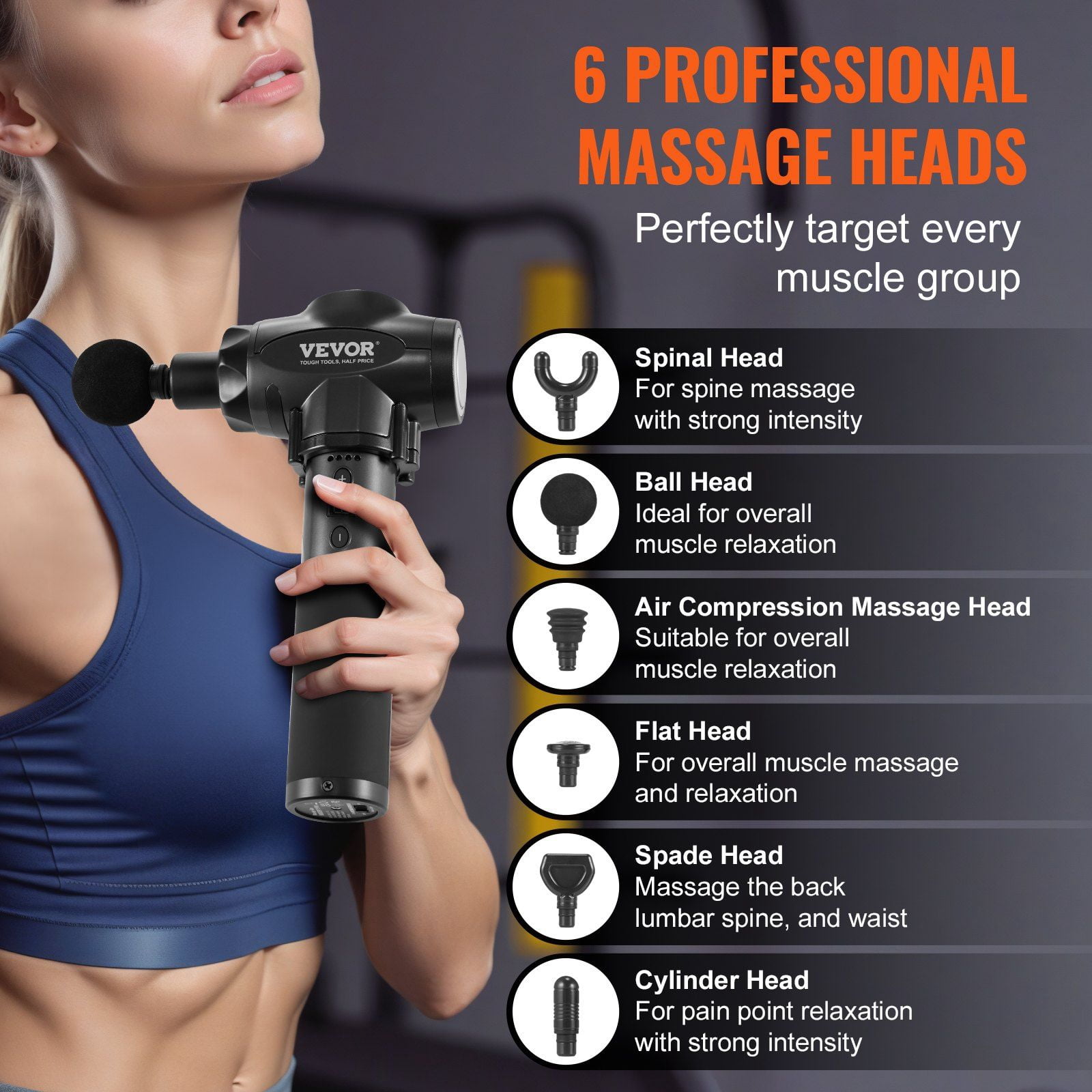 Deep Tissue Massage Gun 9 Speed Levels 6 Heads 24V 2500mAh Battery Percussion Muscle Massager for Athletes Pain Relief Muscle Relaxation