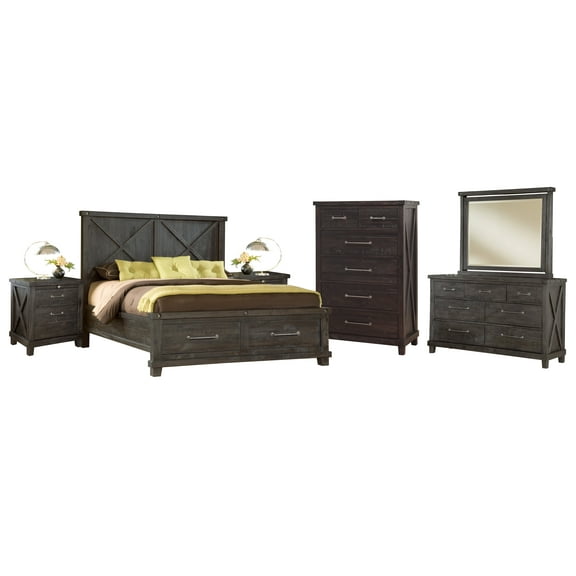 Yanez 6PC E King Storage Bed, 2 Nightstand, Dresser, Mirror & Chest Set in Charcoal - Solid Wood