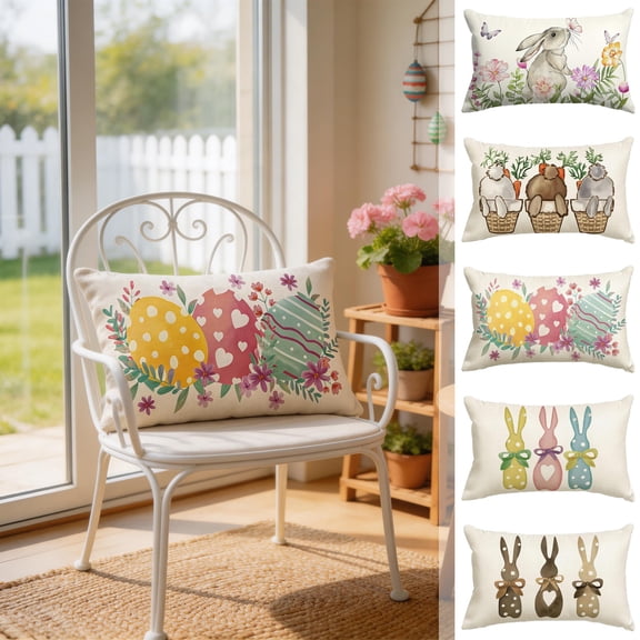 Yhmxh Easter Bunny Throw Pillow Cover, 12 x 20 Inch Cute Rabbit Rectangle Linen Cushion Case, Wildflowers Throw Pillow Case Decoration, Holiday Farmhouse Decoration for Bed Sofa Couch