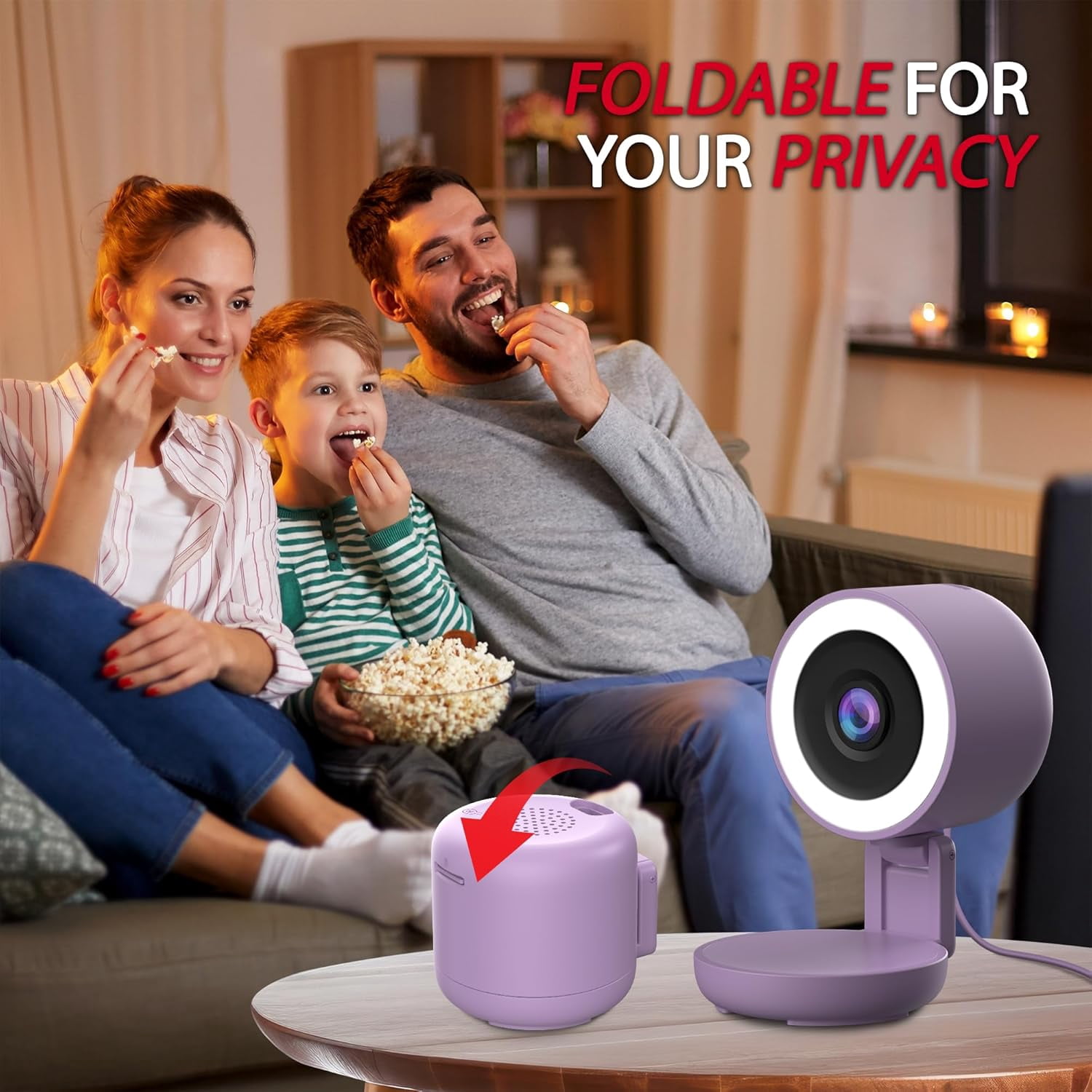 Energizer Smart 2K Wired Indoor Camera with Light for Night Vision, Foldable for Privacy, Remote Access, 130° Wide Angle, Recording, Instant Motion Alerts, Two-Way Audio, Hub-Free Wi-Fi (Purple)
