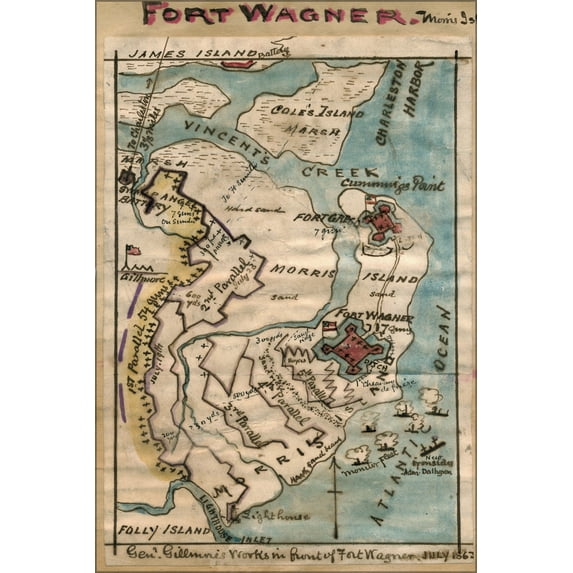 24"x36" Gallery Poster, map Fort Wagner Charleston Harbor 1865