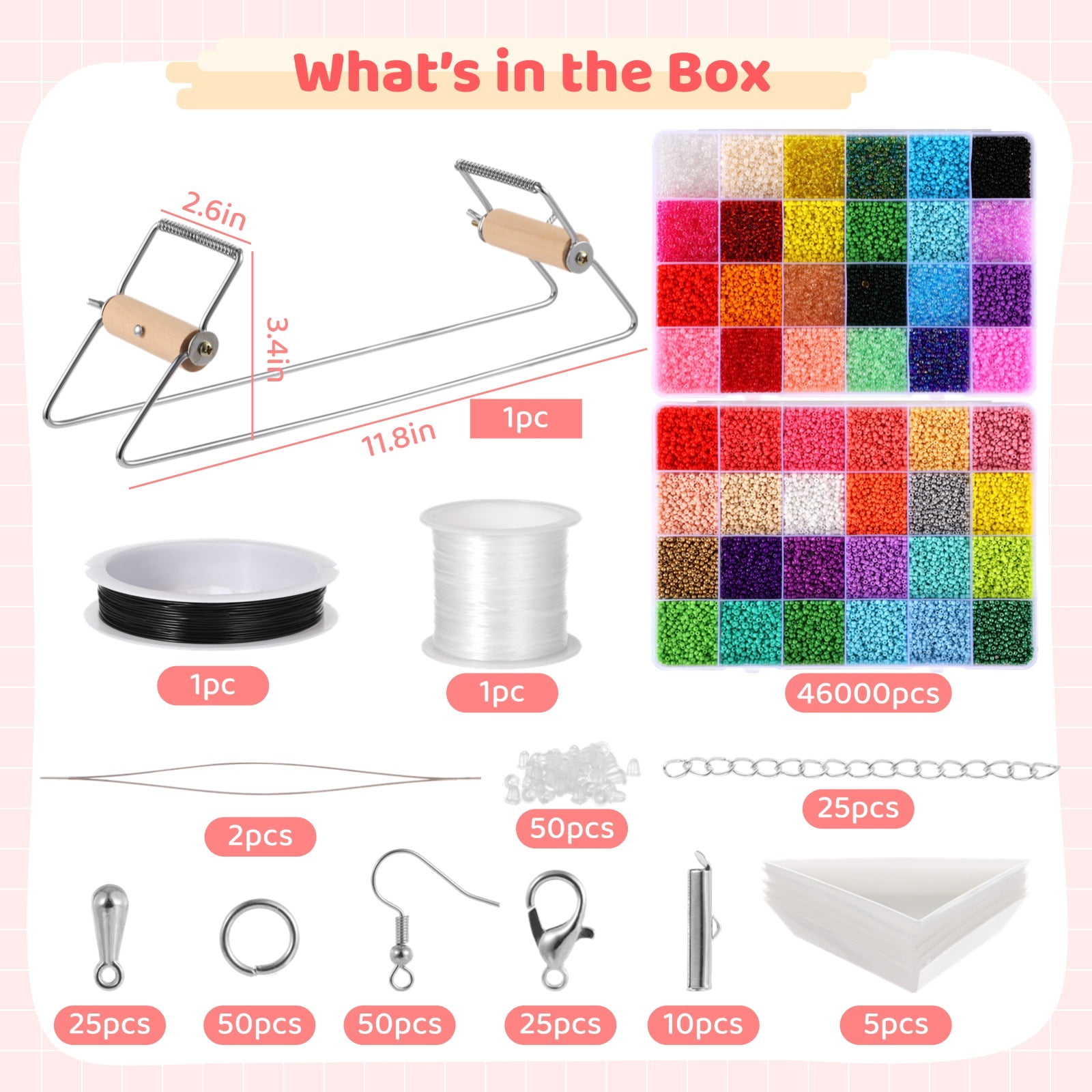 Adjustable Metal Bead Loom Kit, Loom Beading Supplies with 46000 Glass Seed Beads 2 Bead Needles Trays, Bead Loom Set, DIY Bracelet Necklace Earring Jewelry Making Set, Gift for Craft Lovers