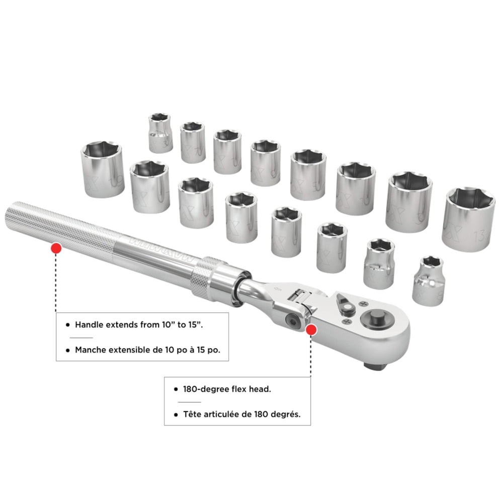 17-Piece 3/8 in. Drive CRV Nickel-Chrome Plating Flexhead Extendable Ratchet Socket Set