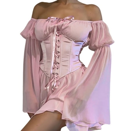 

Women Irregular Adjustable Lace Up Long Puff Sleeve Swing Dress with Bustier Off Shoulder Mesh Short Dress