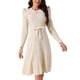 thumbnail image 1 of Vestidos de suéter de manga larga con volantes para mujer INSPIRE CHIC, cuello redondo, cintura con lazo, corte A, estilo casual, tejido de punto acanalado, vestido midi 2XL Albaricoque, 1 of 5