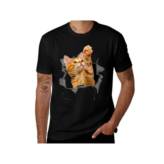 Tops Orange Cat Torn Cloth Funny Gifts Cat Dad Cat Mom, Cat Lover T-Shirt220gPattern Print Cotton Crew Neck T-Shirt Gift