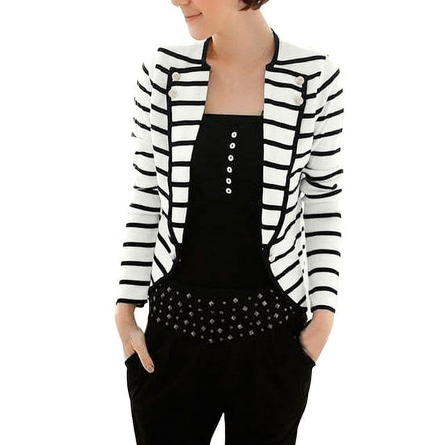 INSPIRE CHIC Blazer Mince à Rayures pour Femme à Revers Cranté avec Boutons Décoratifs