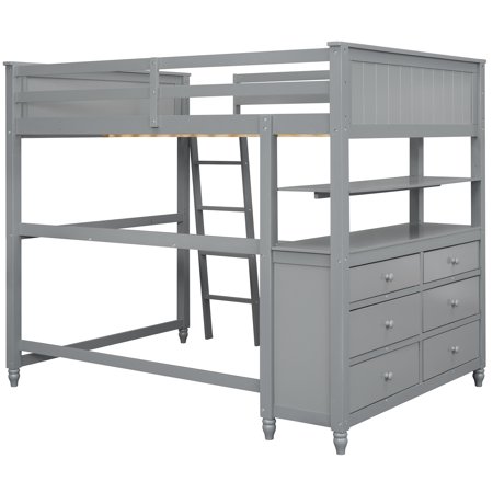 LANTRO JS Full size Loft Bed with Drawers and Desk, Wooden Loft Bed with Shelves Gray(OLD SKU:LT000529AAE)