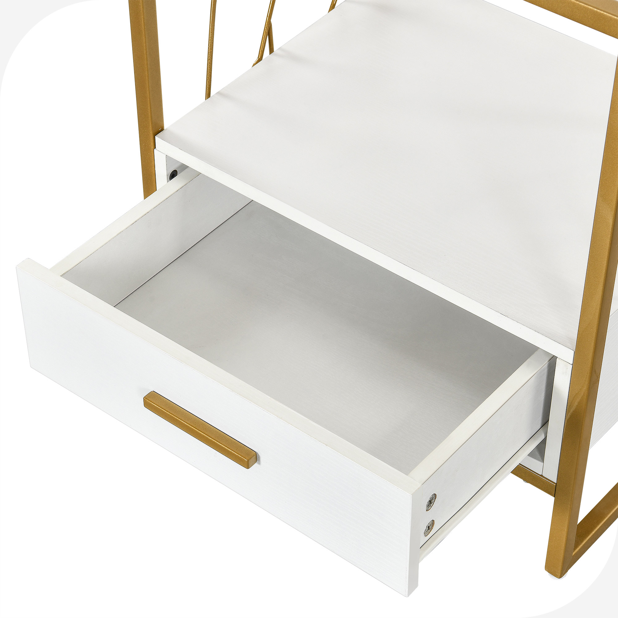 Dextrus End Table with Drawer and Storage Shelf, Modern Nightstand Table Sofa Side Table with Sintered Stone Tabletop and Metal Leaf Shaped Frame for Living Room, Bedroom, White and Gold