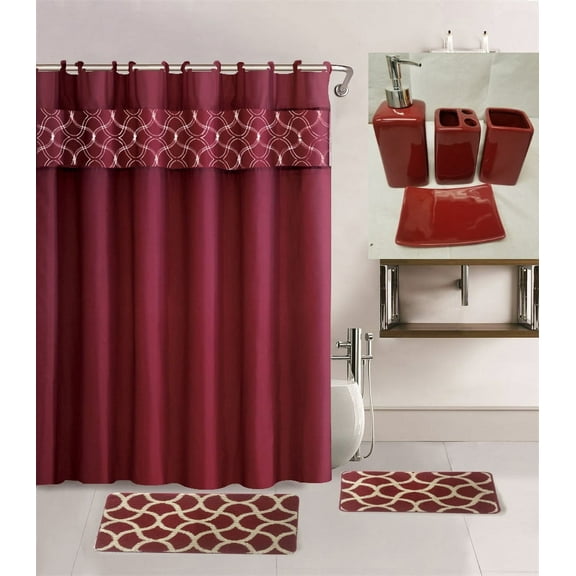 Bathroom Accessories and matching Rug Mat Shower Curtain 2 Rugs-Mats Non Slip, 1 Fabric Shower Curtain, 12 Fabric Rings, 4pc Ceramic Accesories Various Colors For Home Decor Mosaic Burgundy