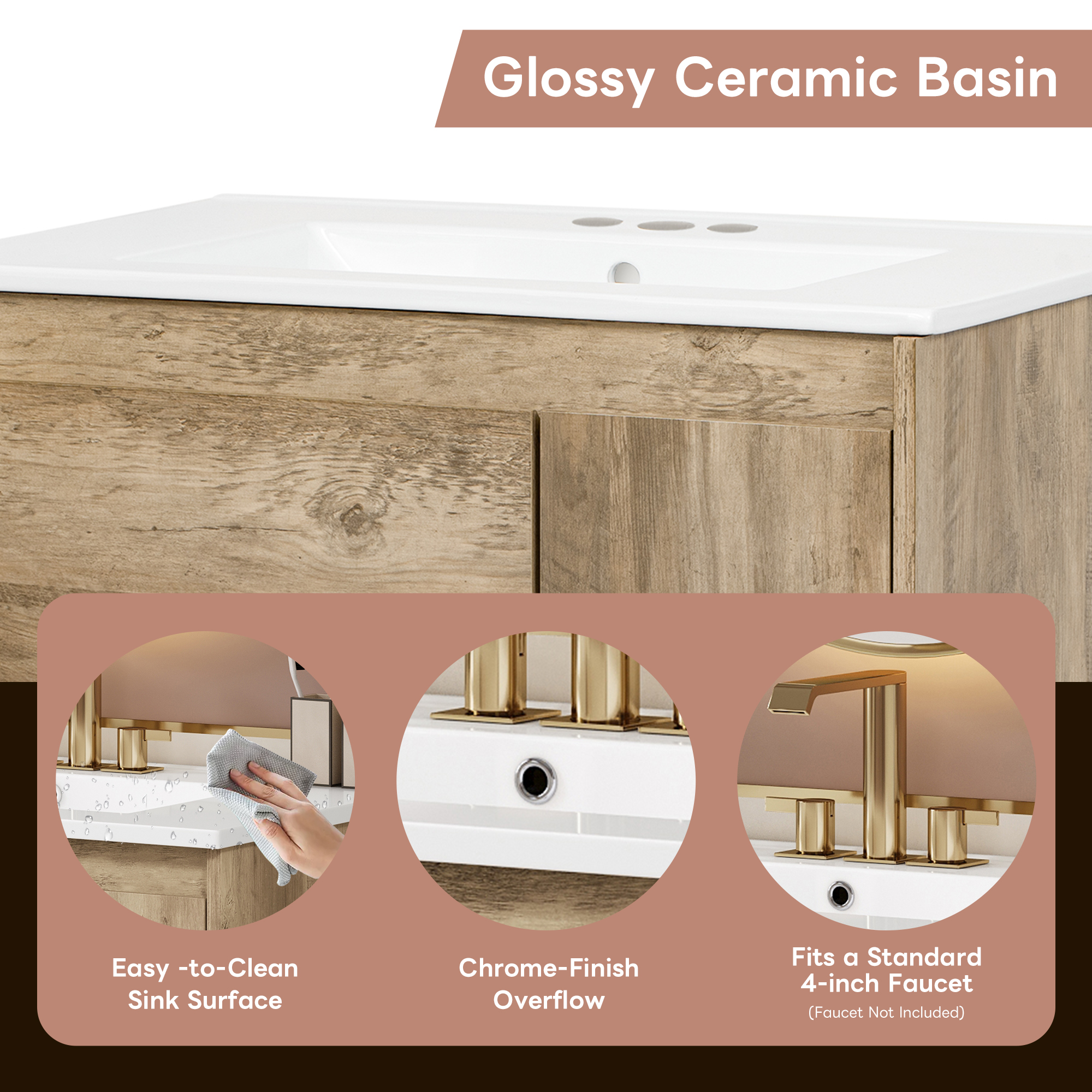 Euroco 36-Inch Modern Wood-Grain Bathroom Vanity with Soft-Close Doors, Divided Drawers,and Ceramic Sink