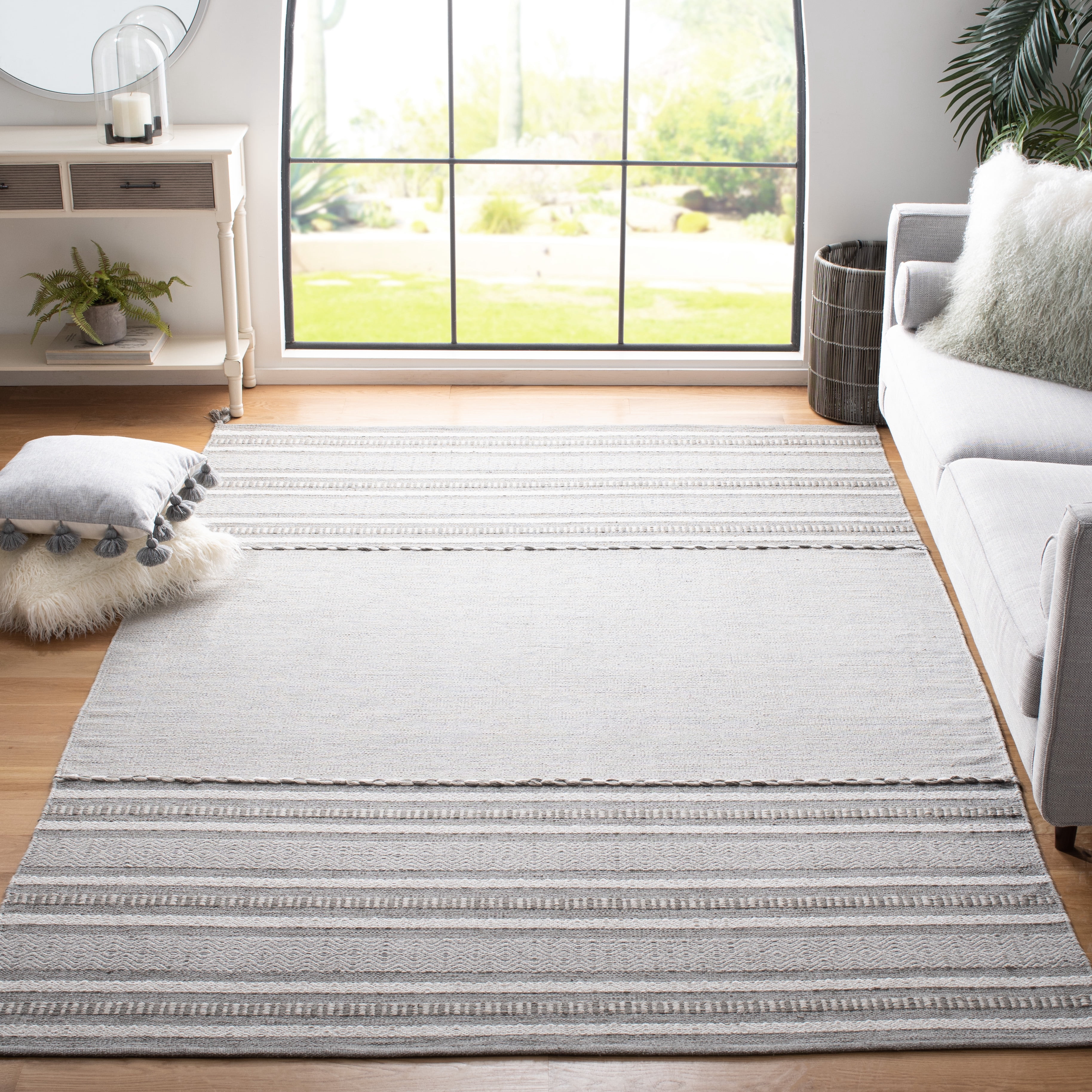 SAFAVIEH Montauk Ben Striped Cotton Area Rug, Grey/Ivory, 6' x 6' Square