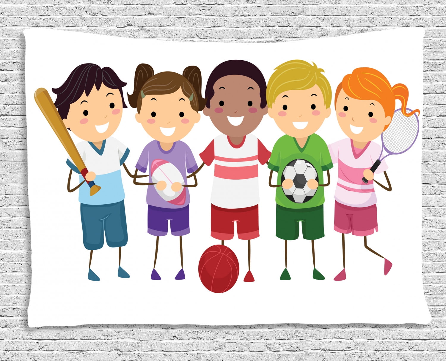 Kids Sports Tapestry, Children Team Playing Football Baseball Tennis