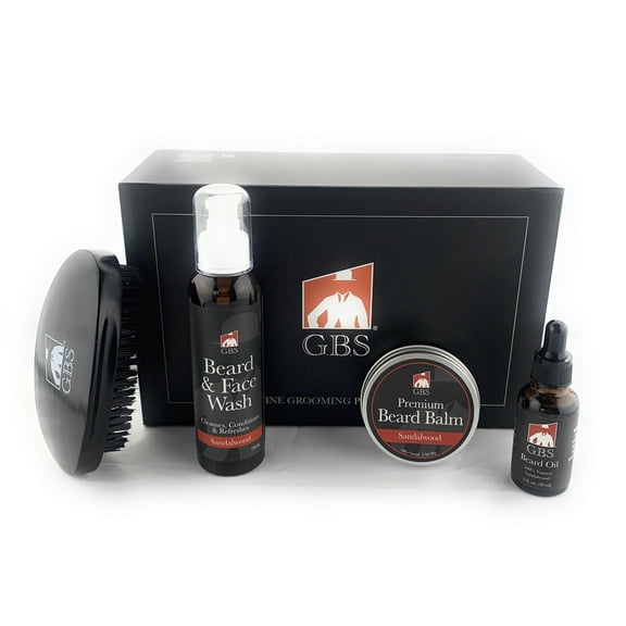 GBS Sandalwood Set - 100% Finest Military Style Brush 3" x 5" Oval Black Wood Finish Brush - Sandalwood 1 oz Beard Oil, Sandalwood Beard Balm 2.1 oz, and Sandalwood Beard Face Wash 150 mL 