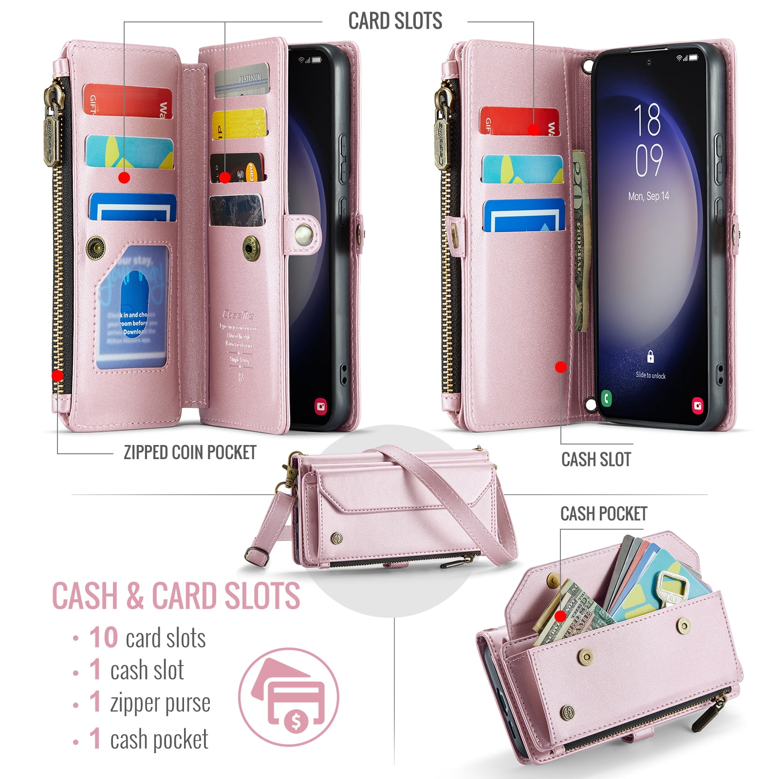 for Samsung Galaxy A12 5G Full Body Protection Wallet Folio Flip Case, Shoulder Strap & Wristlet Card Slots Zipper Pocket RFID Blocking Rugged Durable PU Leather Phone Case Cover, Pink