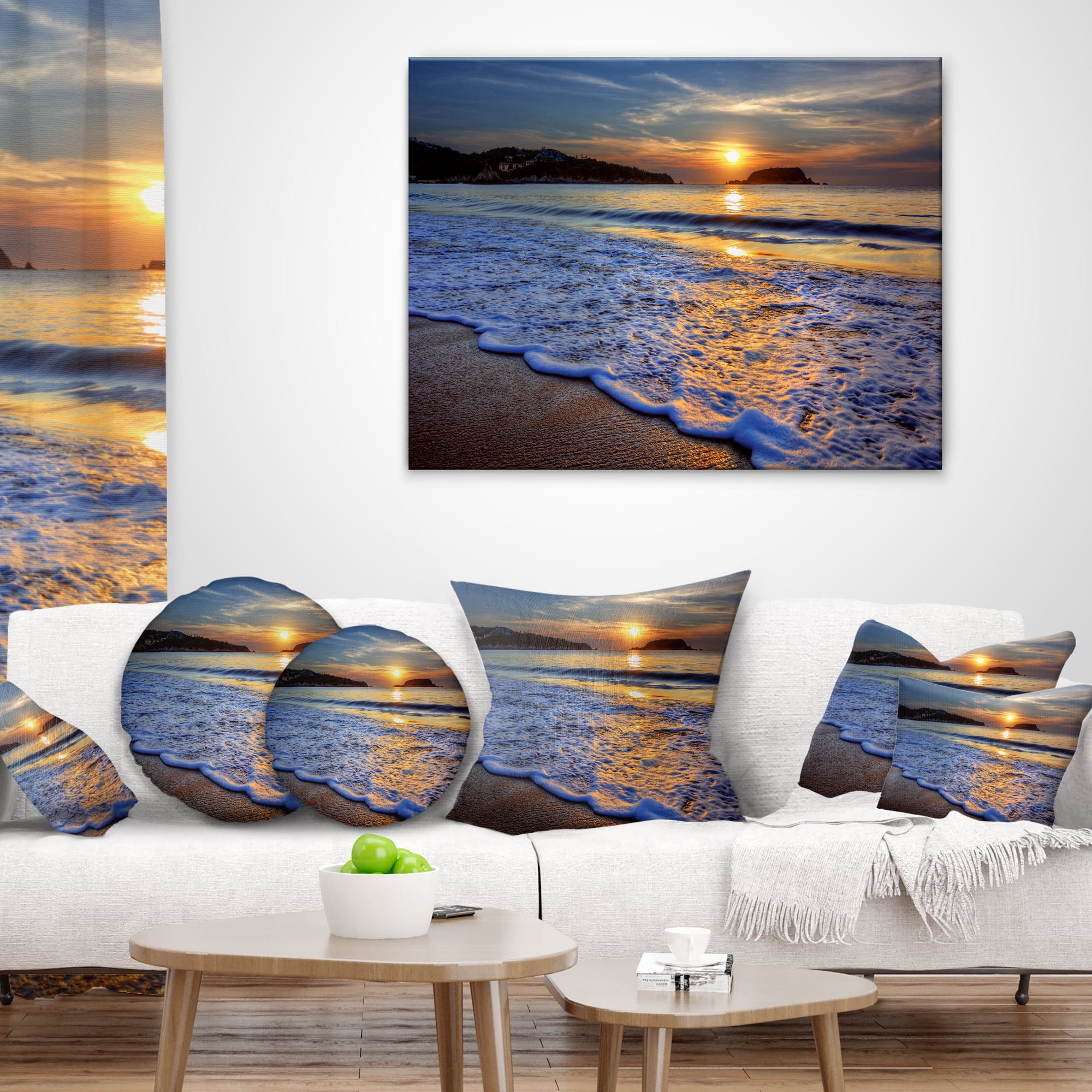Designart Calm Seashore with Blue Waves - Seashore Throw Pillow - 16x16