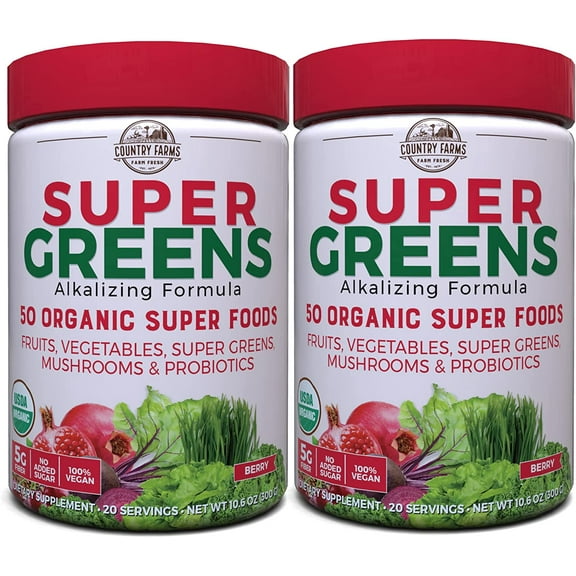 COUNTRY FARMS Super Greens Berry Flavor, 50 Organic Foods, USDA Drink Mix, Multicolor, Multi, 40 Servings, 21 Oz, 2 Pack