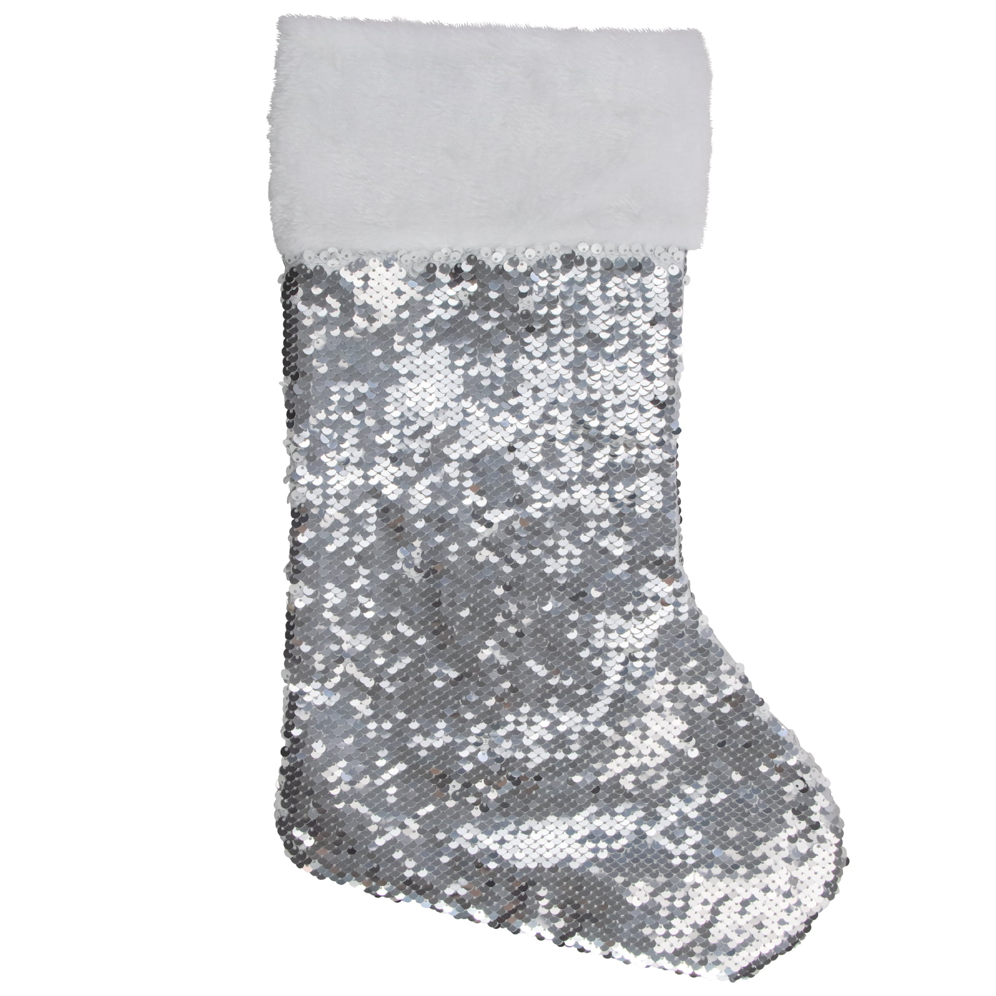 White Christmas Stocking With Silver Sequins 