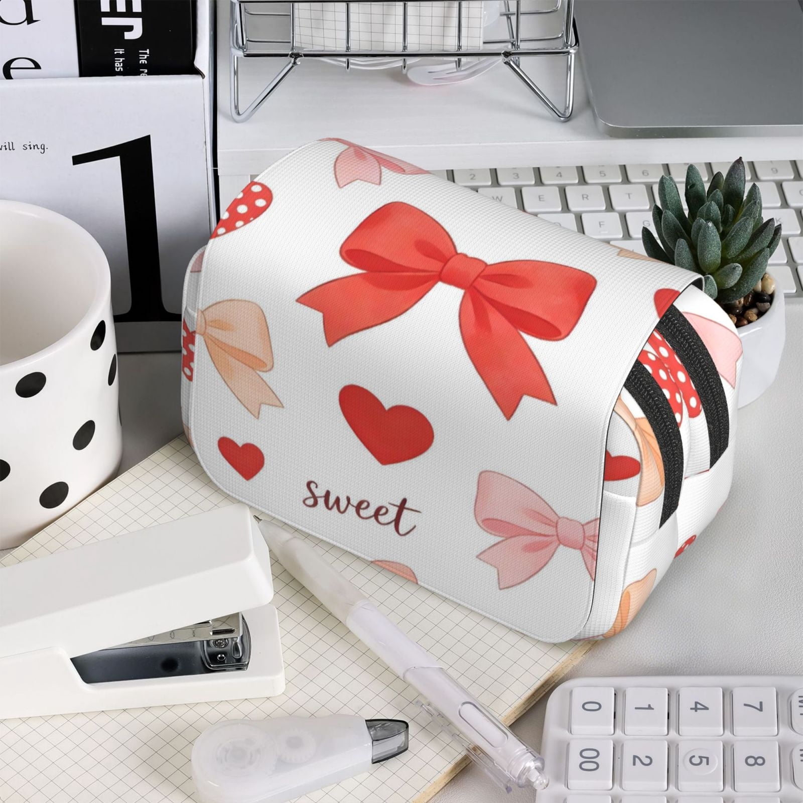 Large-Capacity Flip-Top Double-Layer Pencil Case, Multi-Functional Pocket Pen Case, Durable Stationery Organizer Sweet Love Bow Heart White