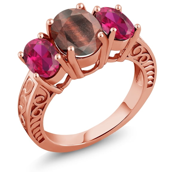 Gem Stone King 3.20 Ct Oval Red Tiger Eye Red Created Ruby 18K Rose Gold Plated Silver Ring (Size 9)