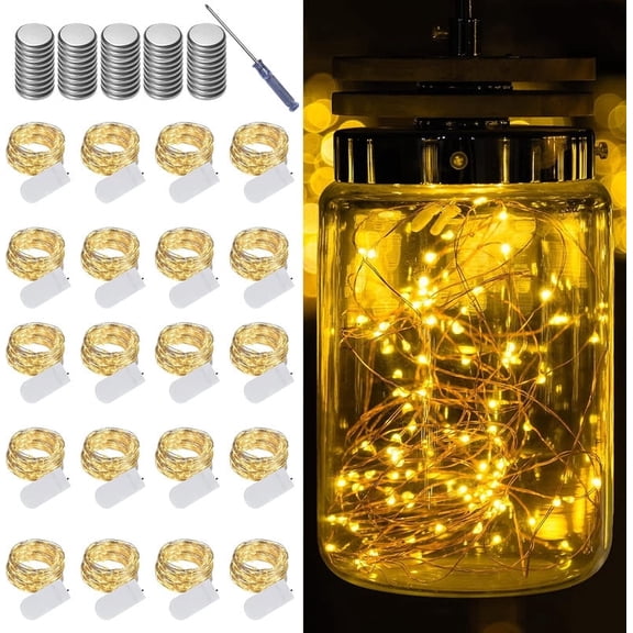 20 Pack Fairy Lights Battery Operated String Lights, 20 LED on 6.6FT Silvery Copper Wire, Firefly Fairy String Lights for Wedding Party Mason Jar Christmas Decoration(Warm White)