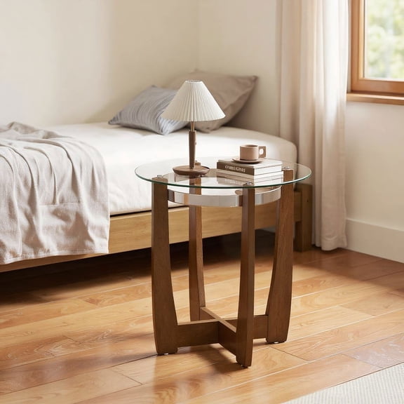 Resenkos 24 Inches Round Side Table with Tempered Glass Top, Contemporary Accent Table with Wood Base for Living Room, Walnut